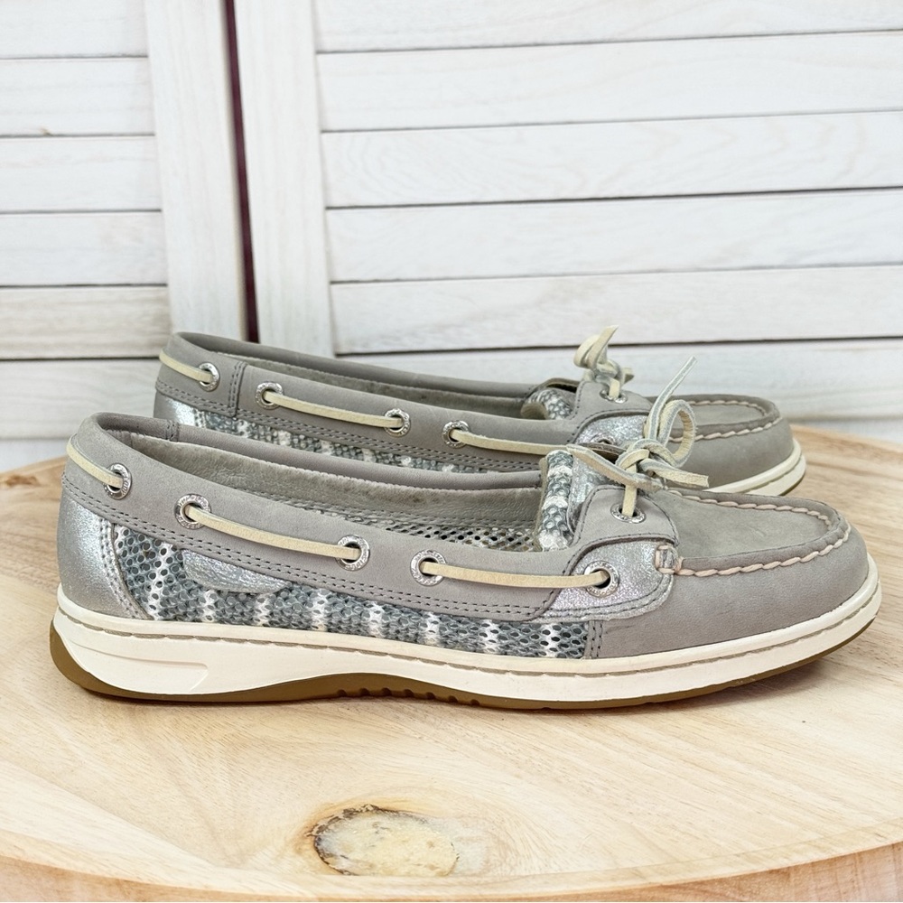 Sperry Topsider Angelfish Striped Mesh Leather Slip On Boat Shoe‎ Loafer Taupe 6